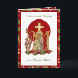 Priest Birthday Blessings Celebration Virgin Mary  Card<br><div class="desc">This is a beautiful traditional Catholic customised image of the Blessed Virgin Mary with the Child Jesus on a gold Marian Cross with red and pink roses. Inside is the famous prayer, THE BEAUTIFUL HANDS OF A PRIEST. All text and fonts may be modified to suit the occasion and recipient....</div>
