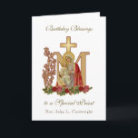 Priest Birthday Blessings Celebration Virgin Mary Card<br><div class="desc">This is a beautiful traditional Catholic customised image of the Blessed Virgin Mary with the Child Jesus on a gold  Marian Cross with red and pink roses.. All text and fonts may be modified to suit the occasion and recipient.</div>