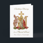 Priest Birthday Blessings Celebration Virgin Mary Card<br><div class="desc">This is a beautiful traditional Catholic customised image of the Blessed Virgin Mary with the Child Jesus on a gold  Marian Cross with red and pink roses.. All text and fonts may be modified to suit the occasion and recipient.</div>