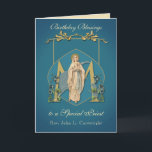 Priest Birthday Blessings Celebration Virgin Mary  Card<br><div class="desc">This is a beautiful traditional Catholic customised image of the Blessed Virgin Mary,  Our Lady of Lourdes overlaid on a Marian "M" with blue flowers and a gold frame.  All text and fonts may be modified to suit the occasion and recipient.</div>