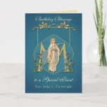 Priest Birthday Blessings Celebration Virgin Mary  Card<br><div class="desc">This is a beautiful traditional Catholic customised image of the Blessed Virgin Mary,  Our Lady of Lourdes overlaid on a Marian "M" with blue flowers and a gold frame.  All text and fonts may be modified to suit the occasion and recipient.</div>