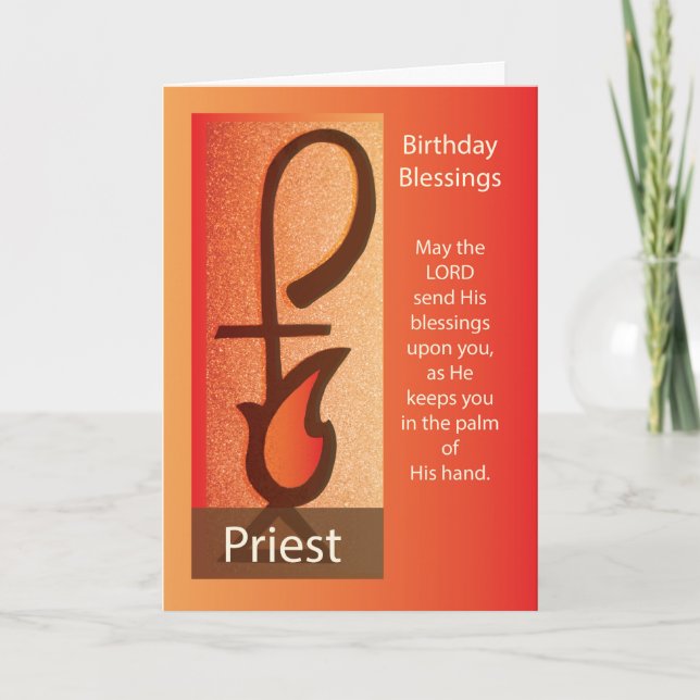 Priest Birthday, Shepherd Staff & Flame Religious Card (Front)