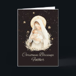 Priest Christmas Blessings Madonna and Child Card<br><div class="desc">This card, designed especially for a Catholic priest, features a watercolor illustration of Mary tenderly holding baby Jesus. Soft cream and beige tones create a peaceful image, highlighted by Mary’s glowing halo and a black, star-filled sky. The words “Christmas Blessings” are elegantly displayed, making this card a perfect way to...</div>