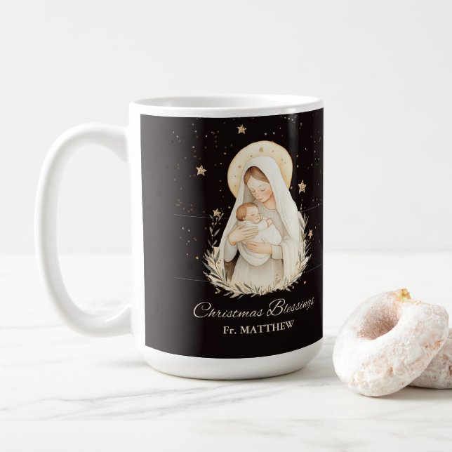 Priest Christmas Blessings Madonna Child Black Coffee Mug (With Donut)