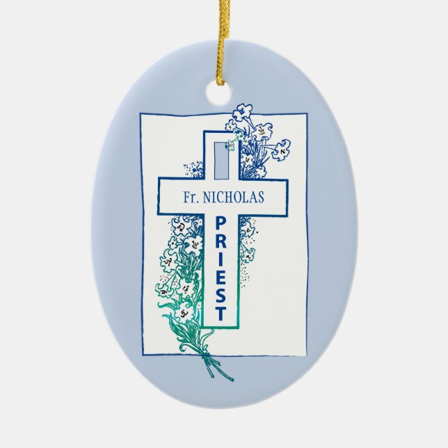 Priest Cross Flowers Personalised Ceramic Tree Decoration (Front)