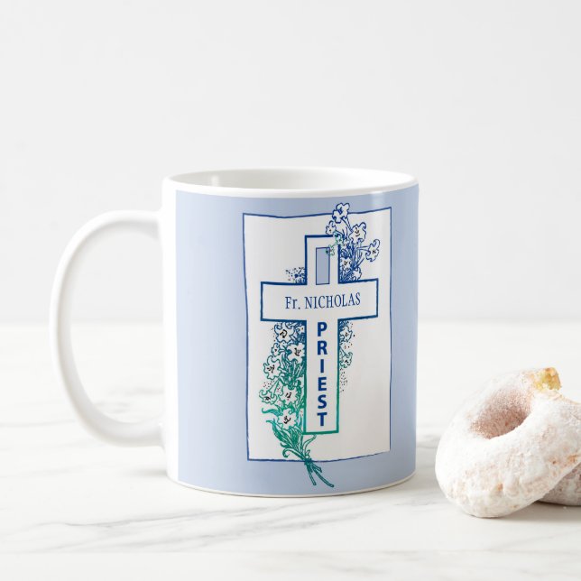 Priest Cross Flowers Personalised Coffee Mug (With Donut)