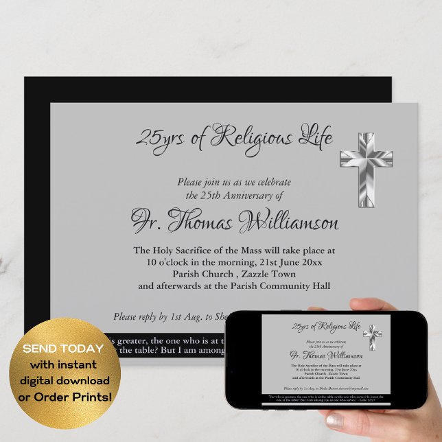 Priest Deacon 25th Ordination Anniversary Silver Invitation (Creator Uploaded)