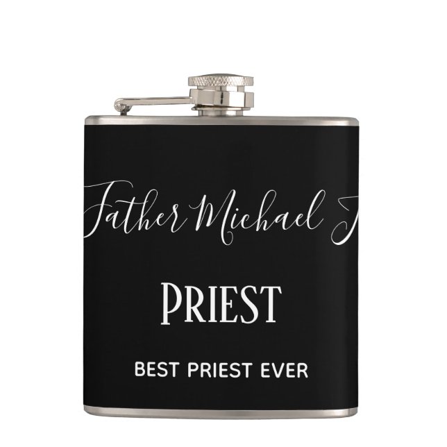 PRIEST GIFTS - personalised Classic Black White Hip Flask (Front)