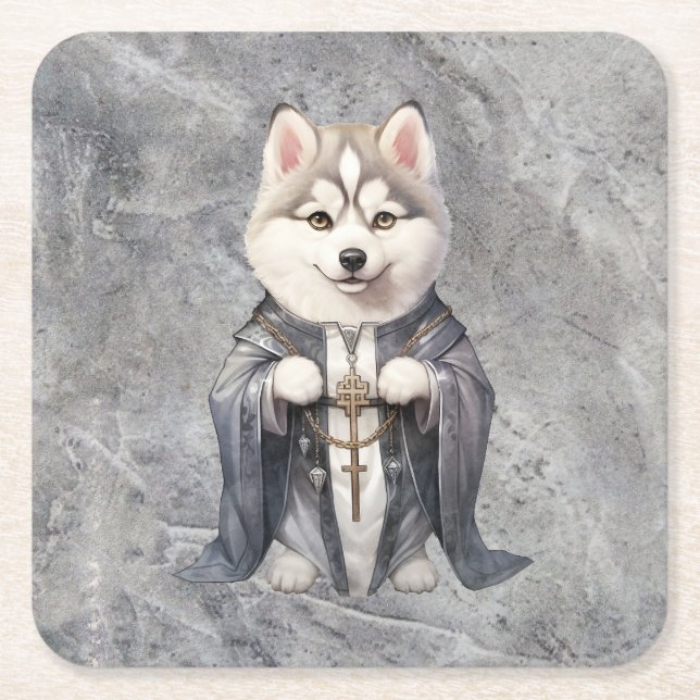 Priest King Siberian Husky Dog Square Paper Coaster (Front)