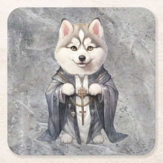 Priest King Siberian Husky Dog Square Paper Coaster