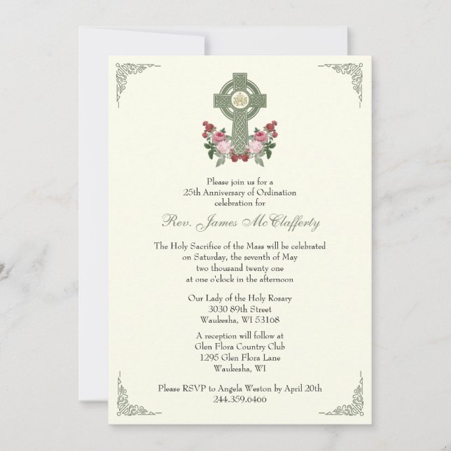 Priest Ordination Anniversary Celtic Cross Roses Invitation (Front)