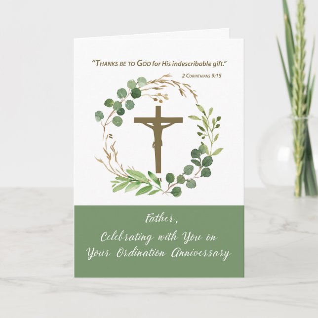 Priest Ordination Anniversary Greenery Wreath Card (Front)