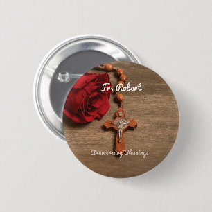 Priest Ordination Anniversary Red Rose and Rosary 6 Cm Round Badge
