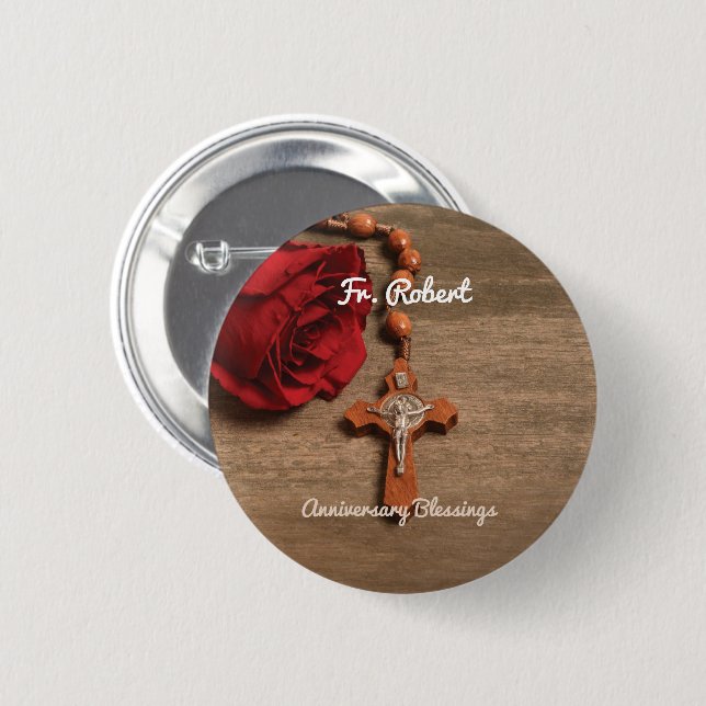 Priest Ordination Anniversary Red Rose and Rosary 6 Cm Round Badge (Front & Back)