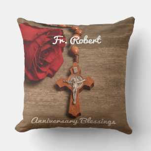 Priest Ordination Anniversary Red Rose and Rosary Cushion