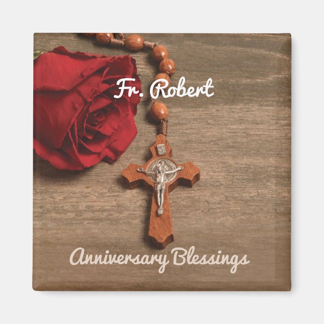 Priest Ordination Anniversary Red Rose and Rosary Magnet (Front)