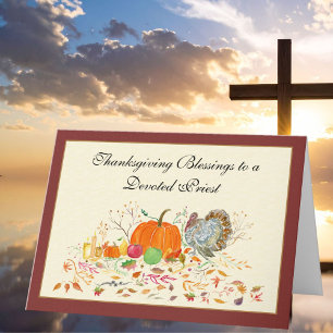 Priest Turkey with Pumpkin Thanksgiving Holiday Card