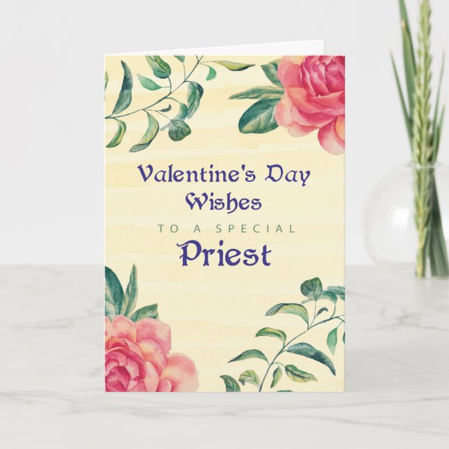 Priest, Valentine's Day Roses on Yellow Holiday Card (Front)