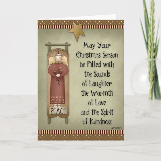 Prim Angel on a Sleigh Christmas Wishes Card (Front)