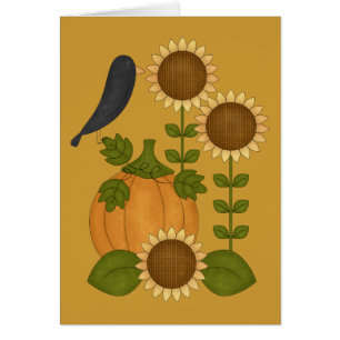Prim Autumn Crow Pumpkin and Sunflowers