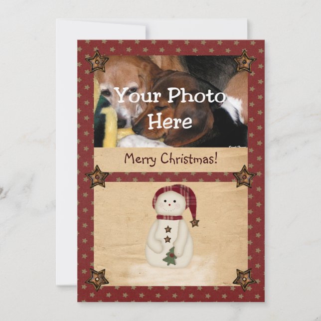 Prim Country Snowman Photo Christmas Card (Front)