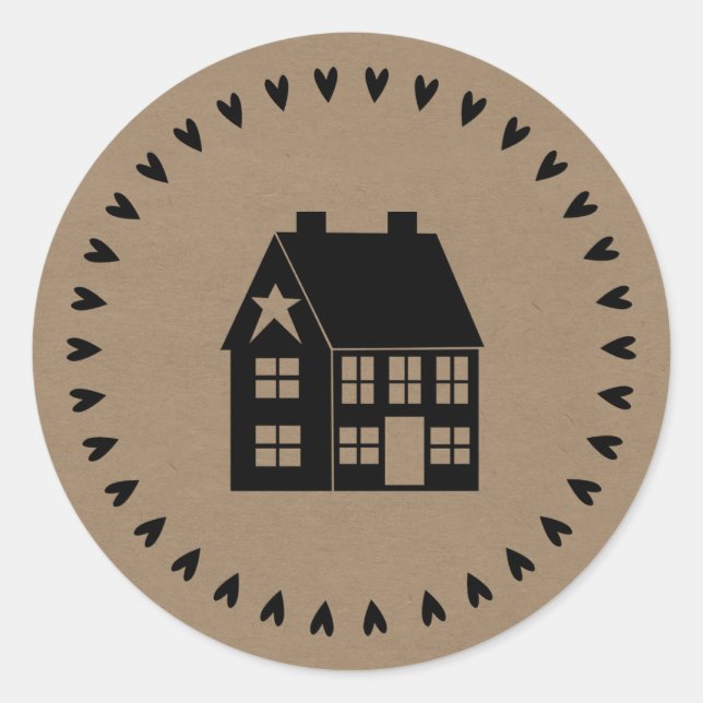 Prim House and Hearts Brown Craft Paper Style Classic Round Sticker (Front)