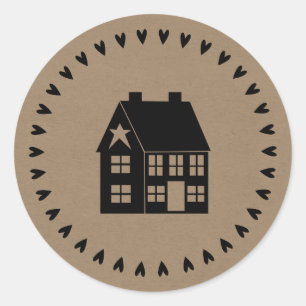 Prim House and Hearts Brown Craft Paper Style Classic Round Sticker