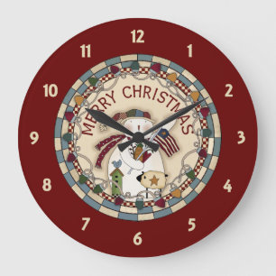 Prim Merry Christmas Snowmen Large Clock