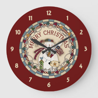 Prim Merry Christmas Snowmen Large Clock