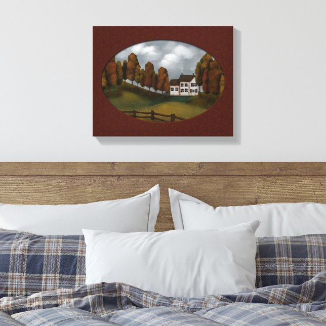 Prim Saltbox House Hills and Trees Beautiful Canvas Print (Insitu(Bedroom))
