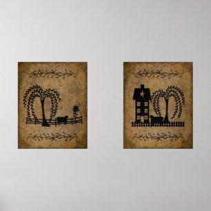 Prim Saltbox House Willow Trees and Sheep