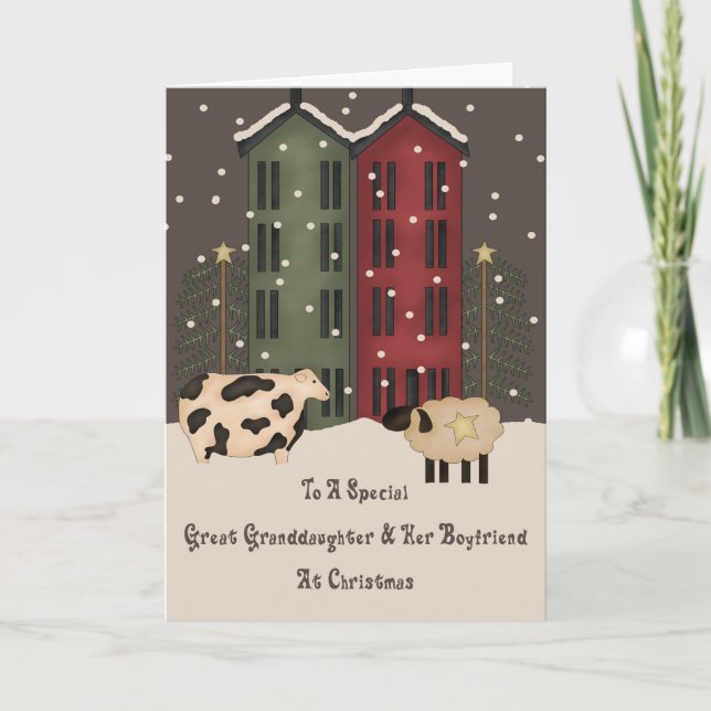 Prim Sheep Great Grandaughter Boyfriend Christmas Holiday Card (Front)