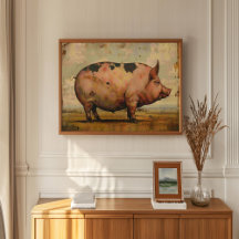 Prim Style Painting Of A Pig Standing In A Field