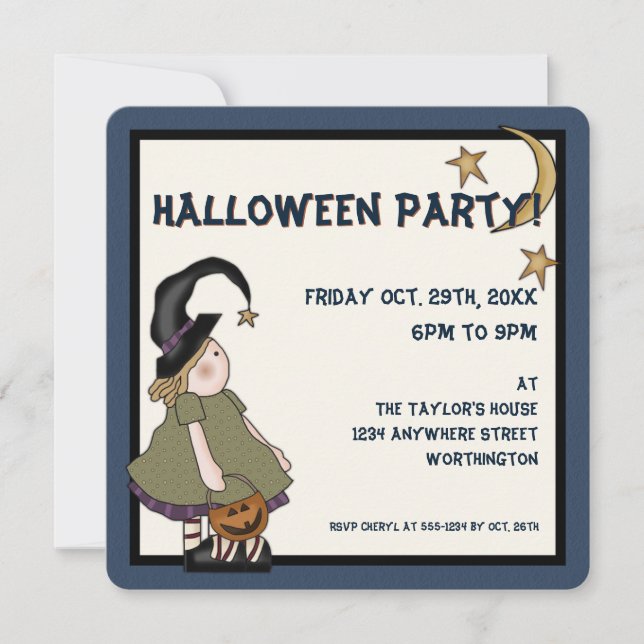 Prim Witch Children's Halloween Party Invite (Front)