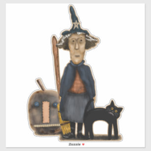 Prim Witch with Broom Pumpkin Cat Cute Halloween