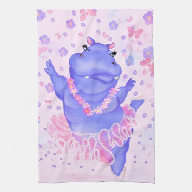Prima Ballerina Hippo - Add Your Name / Text Tea Towel (Vertical)