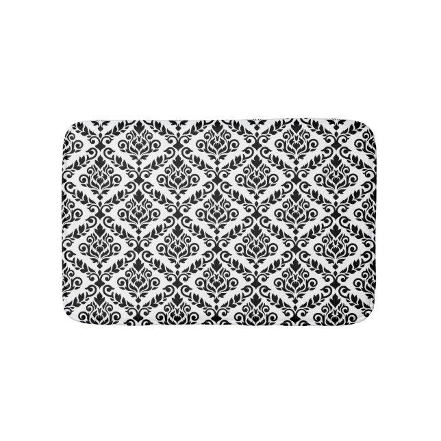 Prima Damask Pattern Black on White Bath Mat (Front)