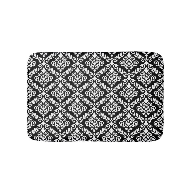 Prima Damask Pattern White on Black Bath Mat (Front)