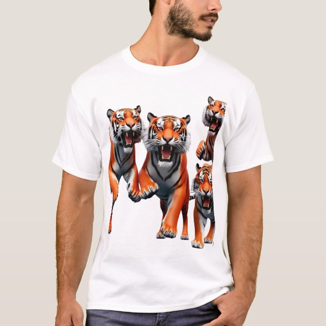 Primal Leap: Three Energetic Tigers T-Shirt (Front)