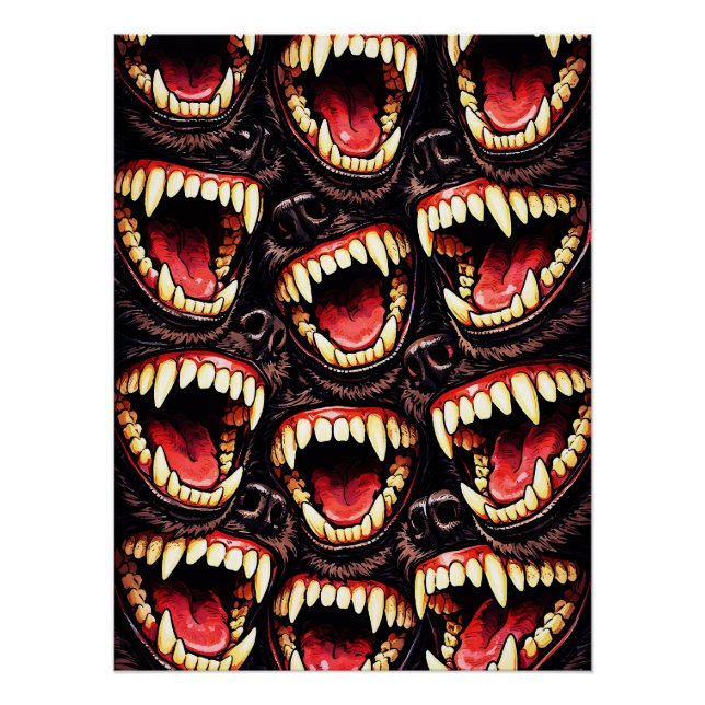 Primal Wolf Pack Snarling Fangs Horror Pop Art Poster (Front)