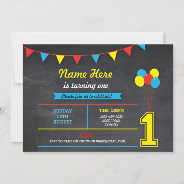 Primary Color Birthday Girls Boys 1st one Invite (Front)
