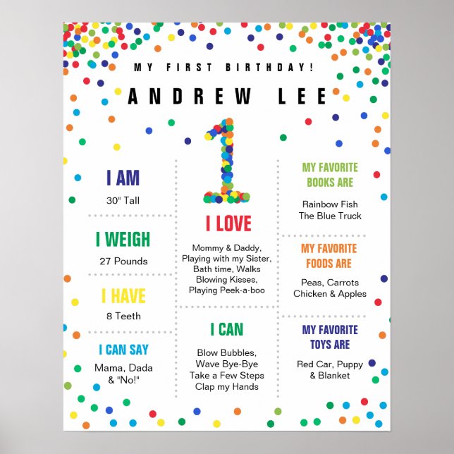 Primary Colors Confetti boy first birthday poster (Front)