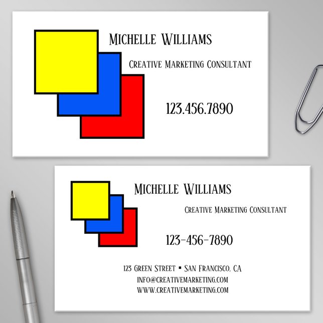 Primary Colors Creative Marketing Business Card (Business card featuring a Mondrian inspired design in primary colors)