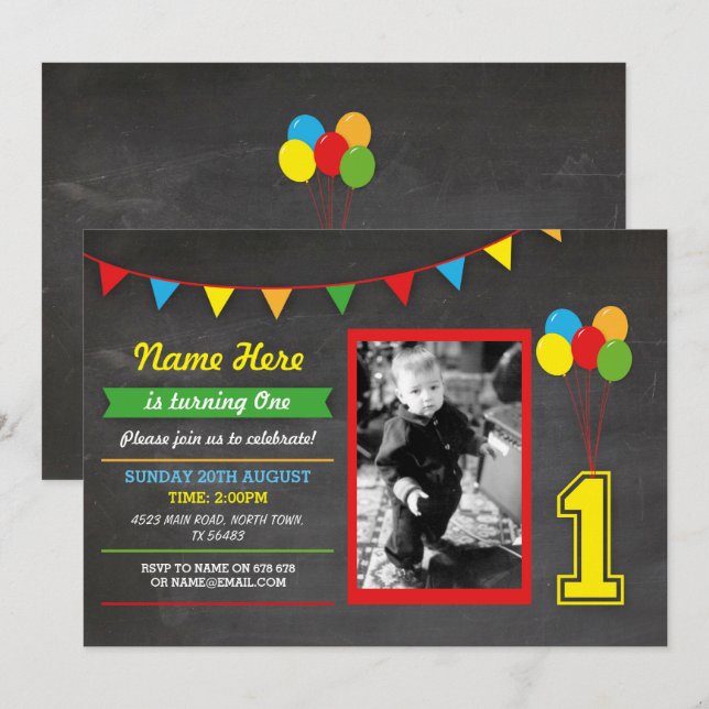 Primary Colour Birthday Girls Boys 1st One Photo Invitation (Front/Back)