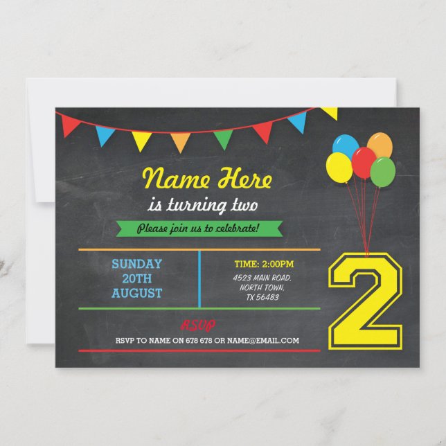 Primary Colour Birthday Girls Boys 2nd two Invite (Front)