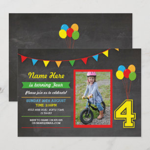 Primary Colour Birthday Girls Boys Four 4th Photo Invitation