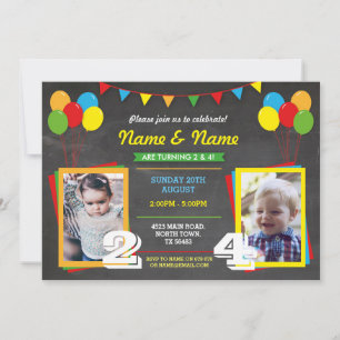 Primary Colour Birthday Girls Boys Joint Photo Invitation