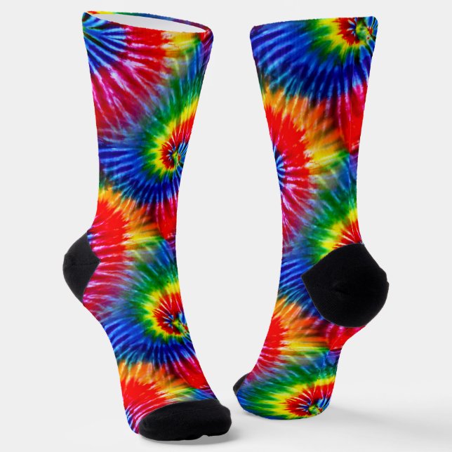 Primary Colours Bright Fun Retro Tie Dye Spirals Socks (Angled)