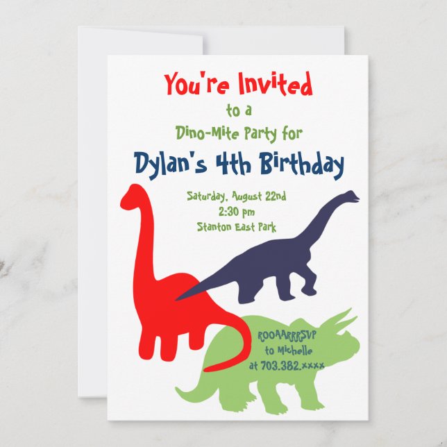 Primary Colours Dinosaur Birthday Party Invitation (Front)