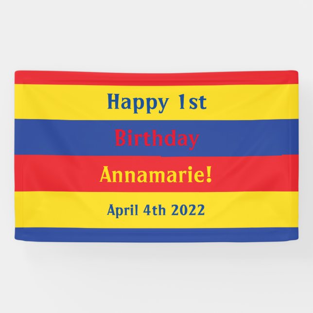 Primary Colours Red Yellow Blue 1st Birthday Party Banner (Horizontal)